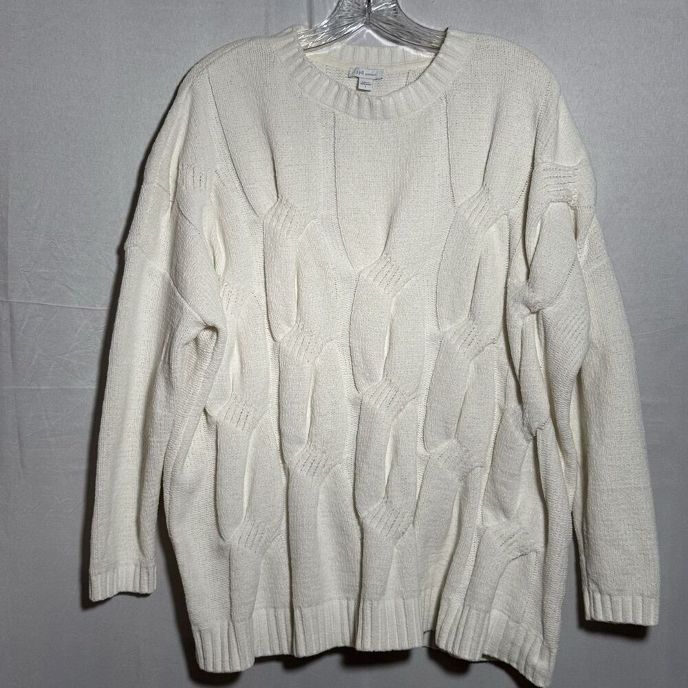 J Jill Chenille Sweater L Ivory Cream Textured Cable Knit Pullover Oversized